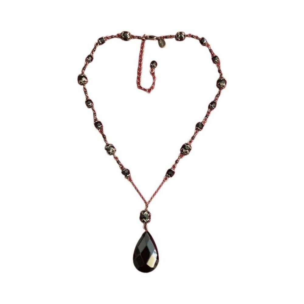 Gorgeous 2028 Black Faceted Glass Pendant and Bead Dark Silvertone Chain